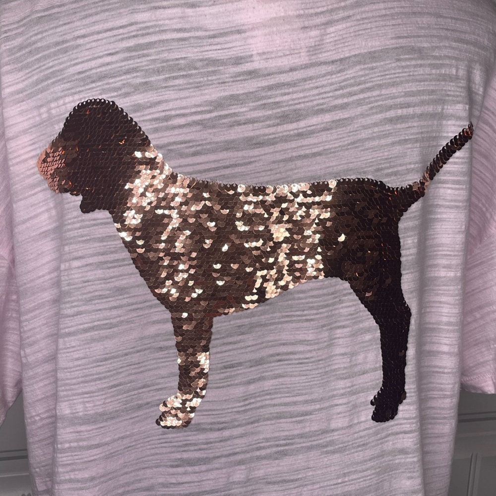Victoria’s Secret PINK Sequin Dog Design Deep Vneck Pale Pink Tee Large TShirt